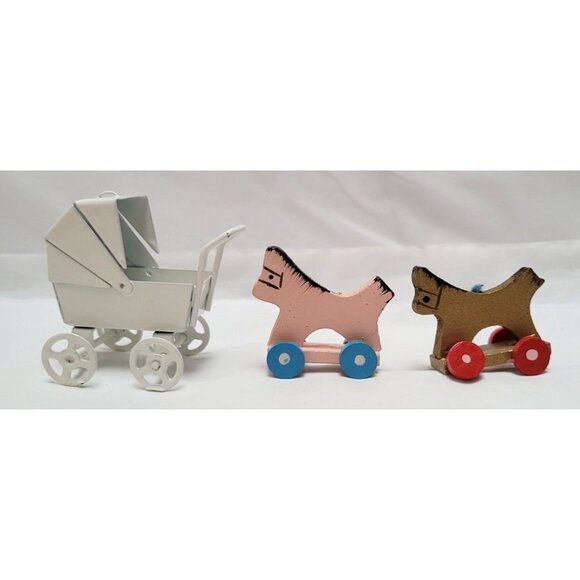 Vintage Lot of 3 Miniature Dollhouse Baby Carriage and Wood Toy Horses - Picture 2 of 8